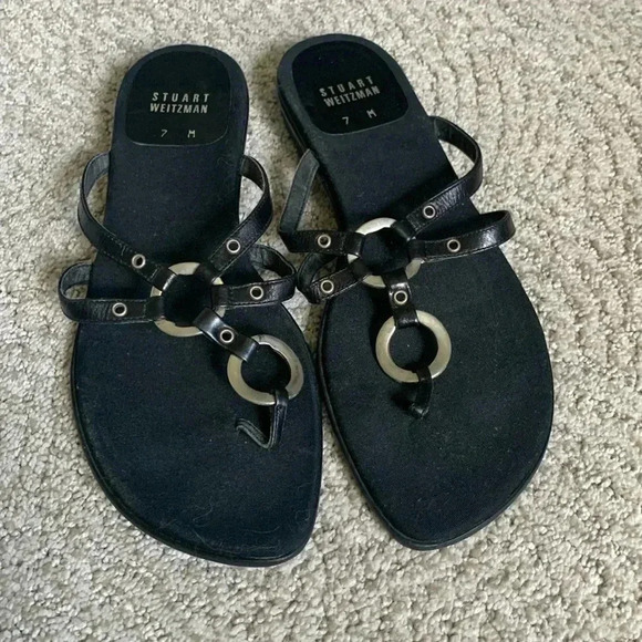 Stuart Weitzman Black Flat Sandals with silver metal accents - Picture 1 of 9